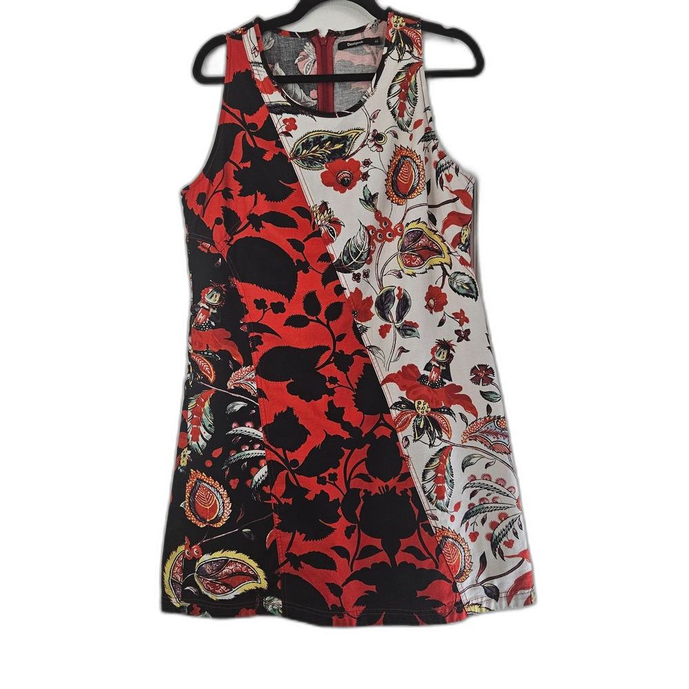 Desigual Linen Blend Summer Dress Poppy Red Florals Size 44 US 14 Mini Shift